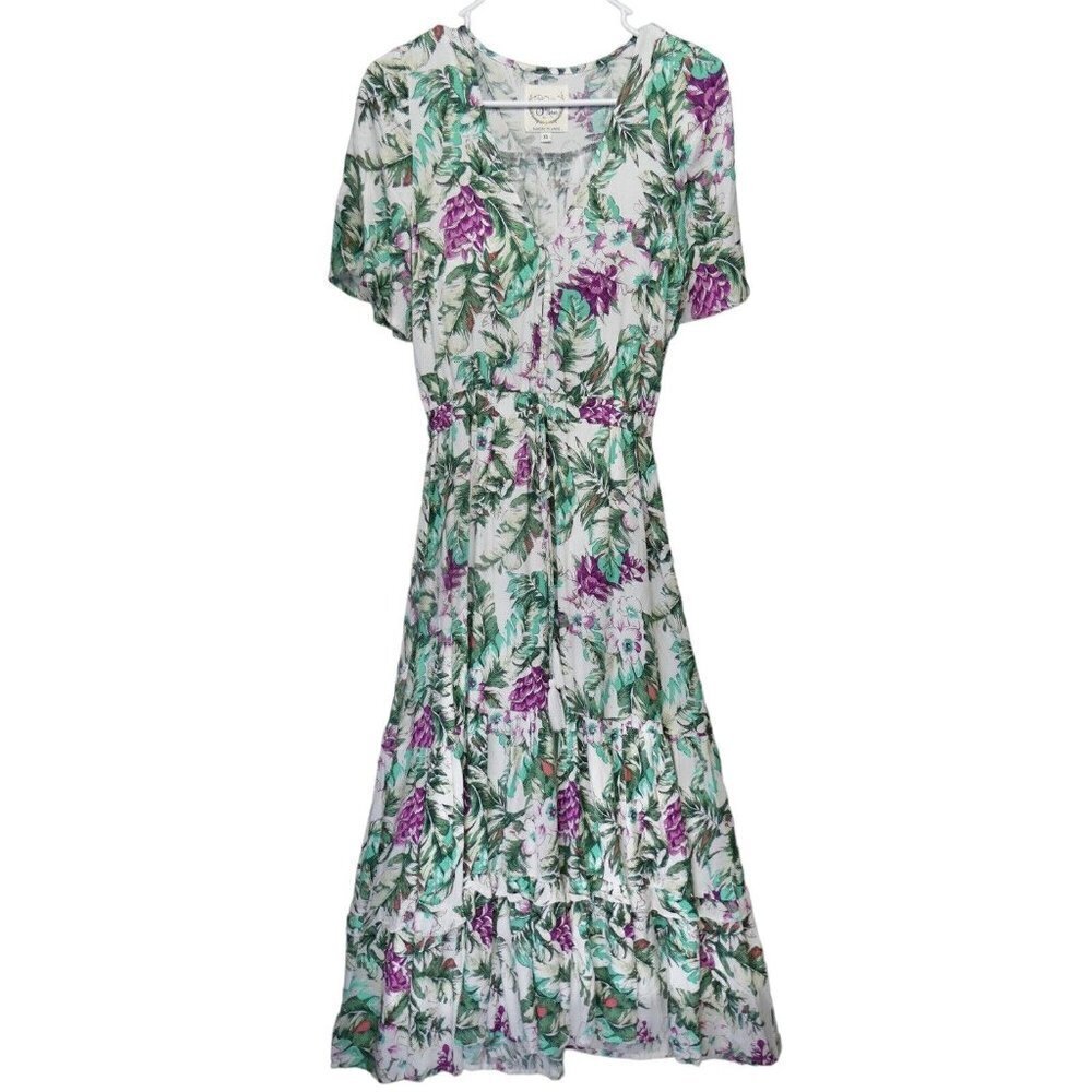 Anthropologie Sunday Mi Amor Maxi Dress Size XS Short Sleeve Floral Tiered Boho